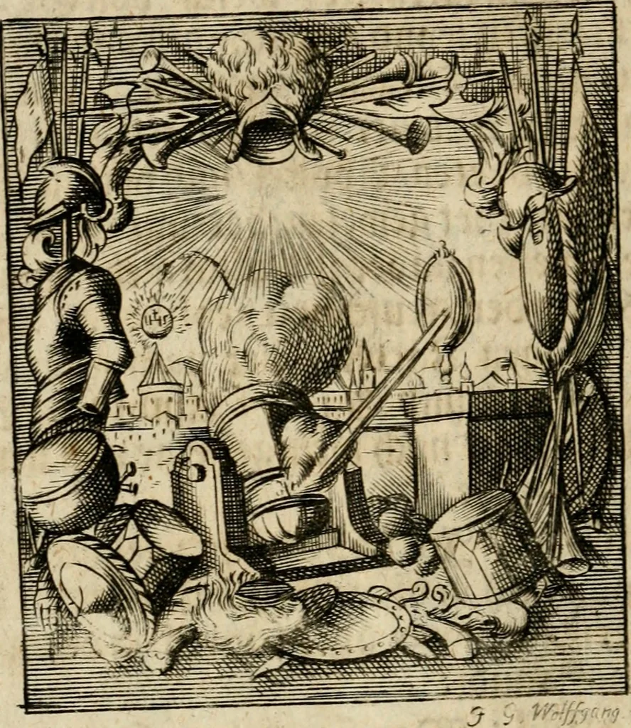 An illustration from Haimb-Garten zweyen Herren von Augspurg, eines Catholischen, und eines Lutherischen, angestellt uber etwelche Glaubens-Zweiffel, und in den Druck hervor gegeben, 1710, leaf 27