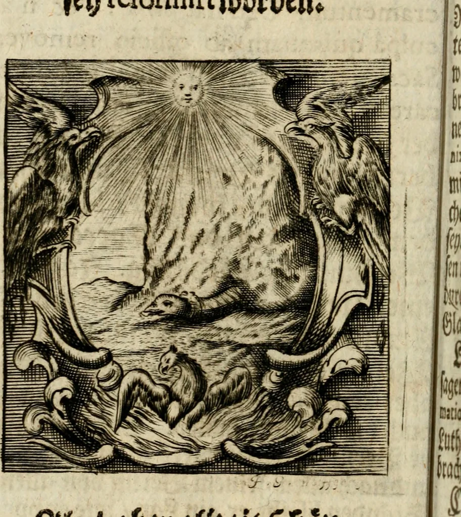 An illustration from Haimb-Garten zweyen Herren von Augspurg, eines Catholischen, und eines Lutherischen, angestellt uber etwelche Glaubens-Zweiffel, und in den Druck hervor gegeben, 1710, leaf 41