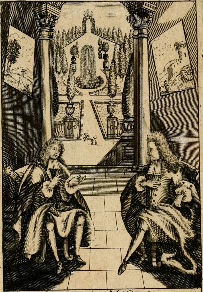 An illustration from Haimb-Garten zweyen Herren von Augspurg, eines Catholischen, und eines Lutherischen, angestellt uber etwelche Glaubens-Zweiffel, und in den Druck hervor gegeben, 1710, leaf 5