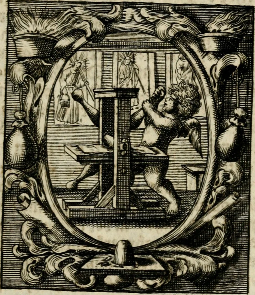 An illustration from Haimb-Garten zweyen Herren von Augspurg, eines Catholischen, und eines Lutherischen, angestellt uber etwelche Glaubens-Zweiffel, und in den Druck hervor gegeben, 1710, leaf 54