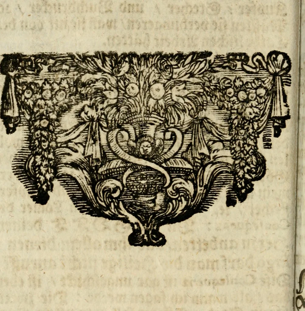 An illustration from Haimb-Garten zweyen Herren von Augspurg, eines Catholischen, und eines Lutherischen, angestellt uber etwelche Glaubens-Zweiffel, und in den Druck hervor gegeben, 1710, leaf 61