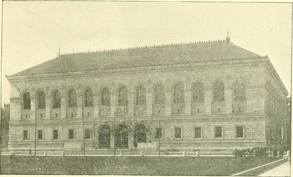 An illustration from A half century of Boston's building. The construction of buildings, the enactment of building laws and ordinances, sanitary laws, the ancient and modern building, building statistics, Boston's valuation, a chapter of Boston's big fire, fire losses, public lands account, prominent architects, contractors and builders, building materials and their source of supply inspection of buildings, the building and plumbing associations, 1895, leaf 100
