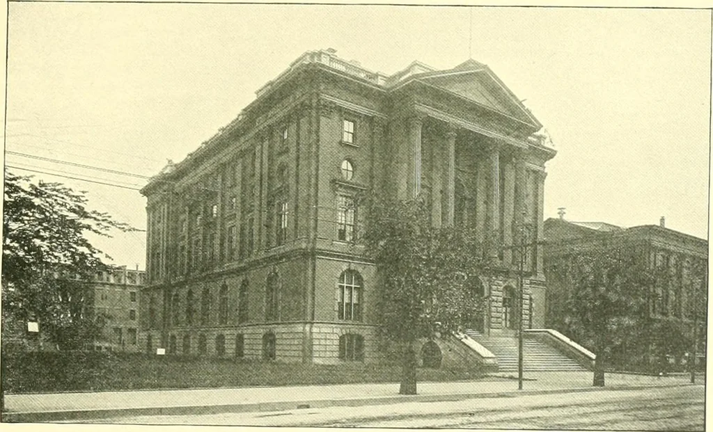 An illustration from A half century of Boston's building. The construction of buildings, the enactment of building laws and ordinances, sanitary laws, the ancient and modern building, building statistics, Boston's valuation, a chapter of Boston's big fire, fire losses, public lands account, prominent architects, contractors and builders, building materials and their source of supply inspection of buildings, the building and plumbing associations, 1895, leaf 100