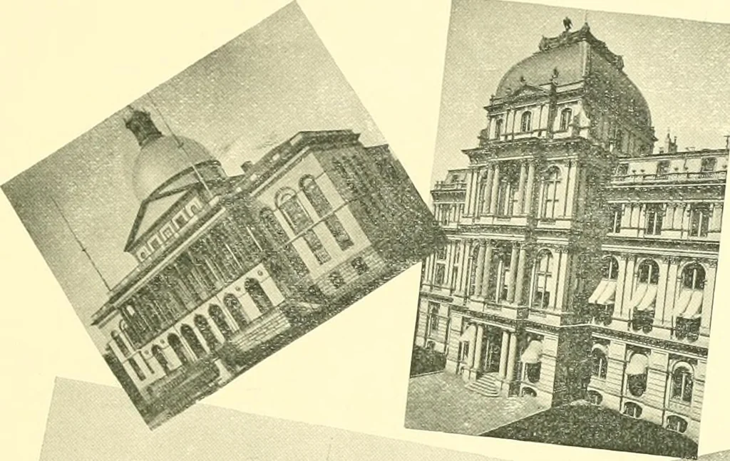 An illustration from A half century of Boston's building. The construction of buildings, the enactment of building laws and ordinances, sanitary laws, the ancient and modern building, building statistics, Boston's valuation, a chapter of Boston's big fire, fire losses, public lands account, prominent architects, contractors and builders, building materials and their source of supply inspection of buildings, the building and plumbing associations, 1895, leaf 114
