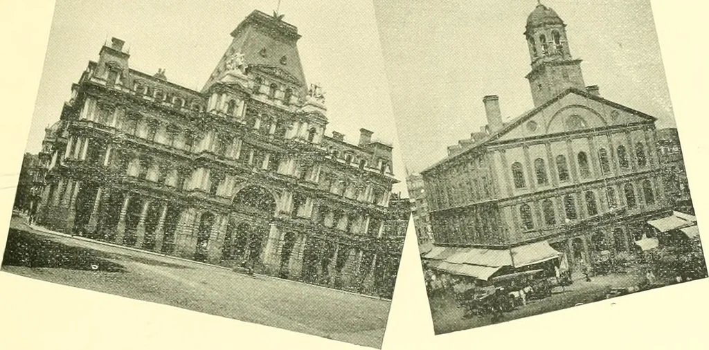 An illustration from A half century of Boston's building. The construction of buildings, the enactment of building laws and ordinances, sanitary laws, the ancient and modern building, building statistics, Boston's valuation, a chapter of Boston's big fire, fire losses, public lands account, prominent architects, contractors and builders, building materials and their source of supply inspection of buildings, the building and plumbing associations, 1895, leaf 114