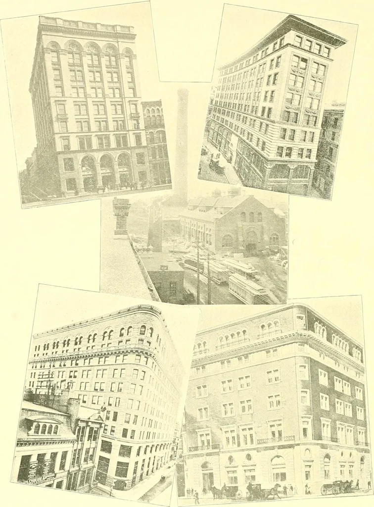 An illustration from A half century of Boston's building. The construction of buildings, the enactment of building laws and ordinances, sanitary laws, the ancient and modern building, building statistics, Boston's valuation, a chapter of Boston's big fire, fire losses, public lands account, prominent architects, contractors and builders, building materials and their source of supply inspection of buildings, the building and plumbing associations, 1895, leaf 115