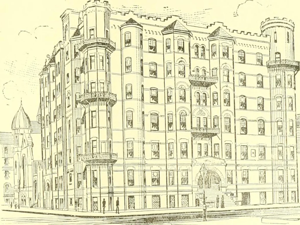 An illustration from A half century of Boston's building. The construction of buildings, the enactment of building laws and ordinances, sanitary laws, the ancient and modern building, building statistics, Boston's valuation, a chapter of Boston's big fire, fire losses, public lands account, prominent architects, contractors and builders, building materials and their source of supply inspection of buildings, the building and plumbing associations, 1895, leaf 130