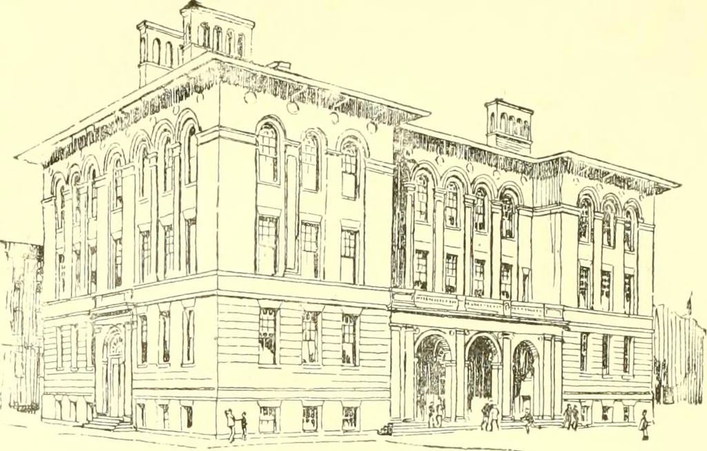 An illustration from A half century of Boston's building. The construction of buildings, the enactment of building laws and ordinances, sanitary laws, the ancient and modern building, building statistics, Boston's valuation, a chapter of Boston's big fire, fire losses, public lands account, prominent architects, contractors and builders, building materials and their source of supply inspection of buildings, the building and plumbing associations, 1895, leaf 133