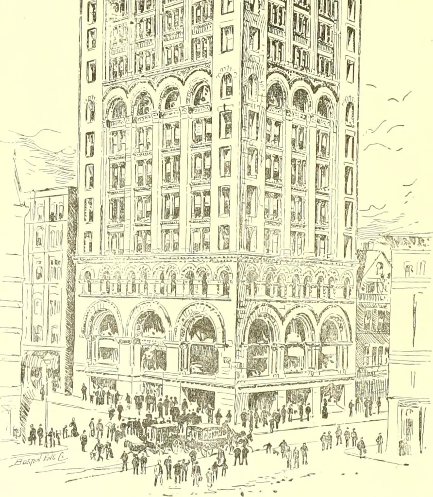 An illustration from A half century of Boston's building. The construction of buildings, the enactment of building laws and ordinances, sanitary laws, the ancient and modern building, building statistics, Boston's valuation, a chapter of Boston's big fire, fire losses, public lands account, prominent architects, contractors and builders, building materials and their source of supply inspection of buildings, the building and plumbing associations, 1895, leaf 133