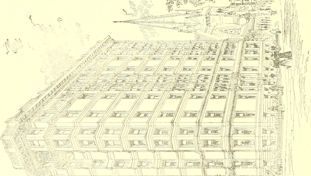 An illustration from A half century of Boston's building. The construction of buildings, the enactment of building laws and ordinances, sanitary laws, the ancient and modern building, building statistics, Boston's valuation, a chapter of Boston's big fire, fire losses, public lands account, prominent architects, contractors and builders, building materials and their source of supply inspection of buildings, the building and plumbing associations, 1895, leaf 179
