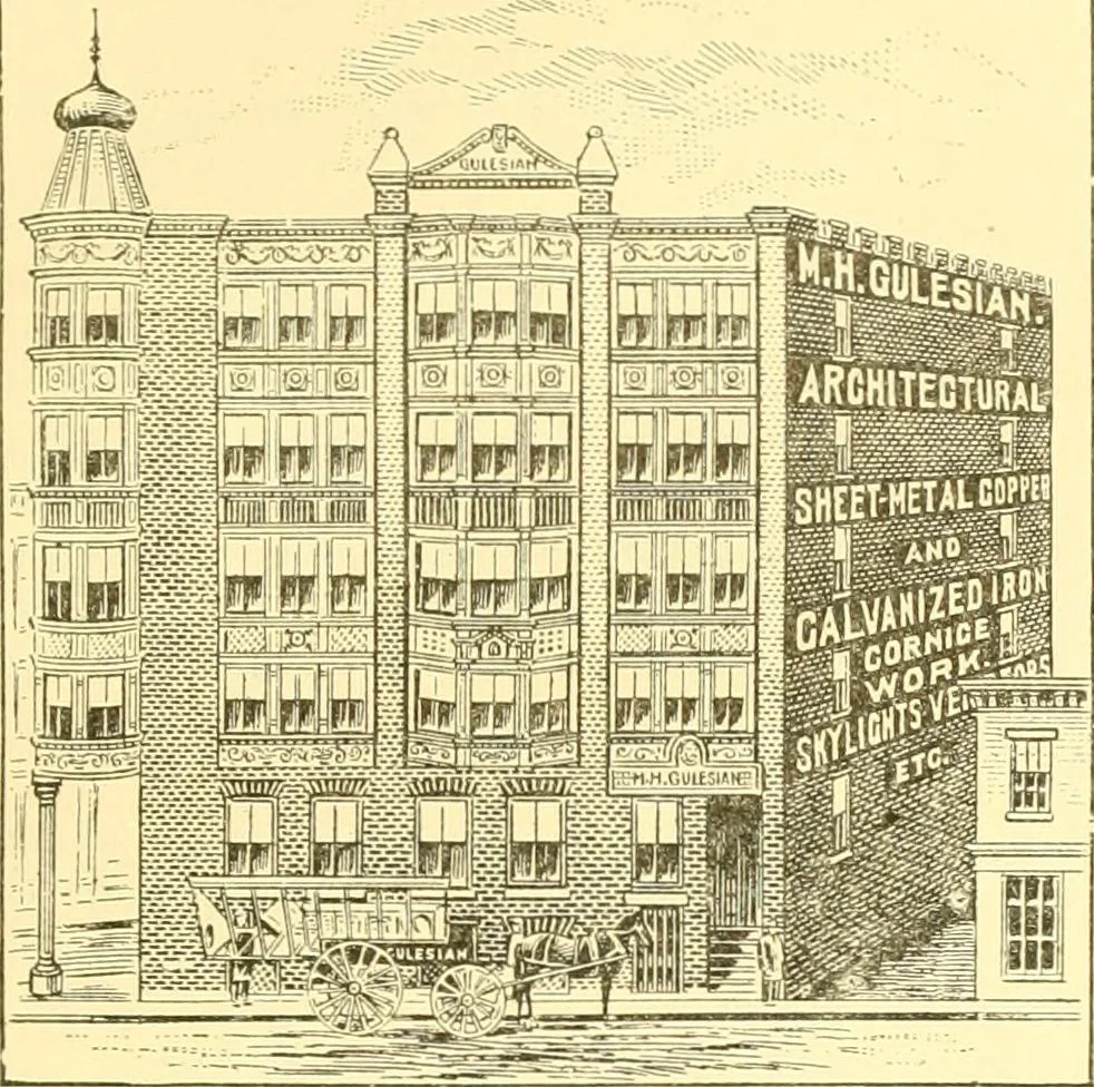An illustration from A half century of Boston's building. The construction of buildings, the enactment of building laws and ordinances, sanitary laws, the ancient and modern building, building statistics, Boston's valuation, a chapter of Boston's big fire, fire losses, public lands account, prominent architects, contractors and builders, building materials and their source of supply inspection of buildings, the building and plumbing associations, 1895, leaf 196