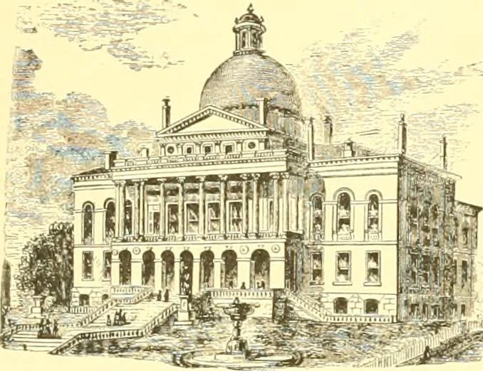 An illustration from A half century of Boston's building. The construction of buildings, the enactment of building laws and ordinances, sanitary laws, the ancient and modern building, building statistics, Boston's valuation, a chapter of Boston's big fire, fire losses, public lands account, prominent architects, contractors and builders, building materials and their source of supply inspection of buildings, the building and plumbing associations, 1895, leaf 23