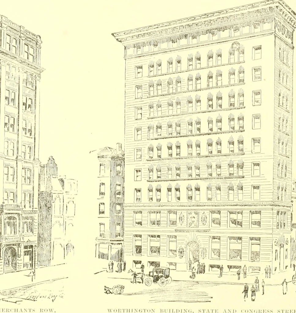 An illustration from A half century of Boston's building. The construction of buildings, the enactment of building laws and ordinances, sanitary laws, the ancient and modern building, building statistics, Boston's valuation, a chapter of Boston's big fire, fire losses, public lands account, prominent architects, contractors and builders, building materials and their source of supply inspection of buildings, the building and plumbing associations, 1895, leaf 253