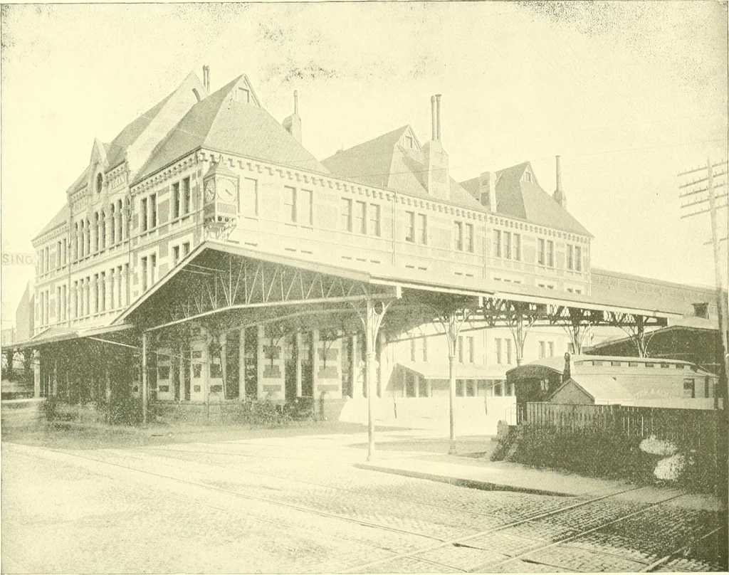 An illustration from A half century of Boston's building. The construction of buildings, the enactment of building laws and ordinances, sanitary laws, the ancient and modern building, building statistics, Boston's valuation, a chapter of Boston's big fire, fire losses, public lands account, prominent architects, contractors and builders, building materials and their source of supply inspection of buildings, the building and plumbing associations, 1895, leaf 313