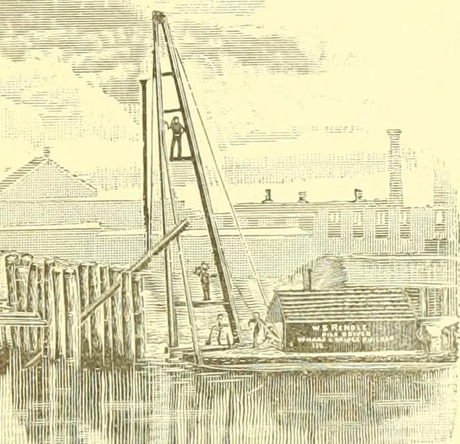 An illustration from A half century of Boston's building. The construction of buildings, the enactment of building laws and ordinances, sanitary laws, the ancient and modern building, building statistics, Boston's valuation, a chapter of Boston's big fire, fire losses, public lands account, prominent architects, contractors and builders, building materials and their source of supply inspection of buildings, the building and plumbing associations, 1895, leaf 328