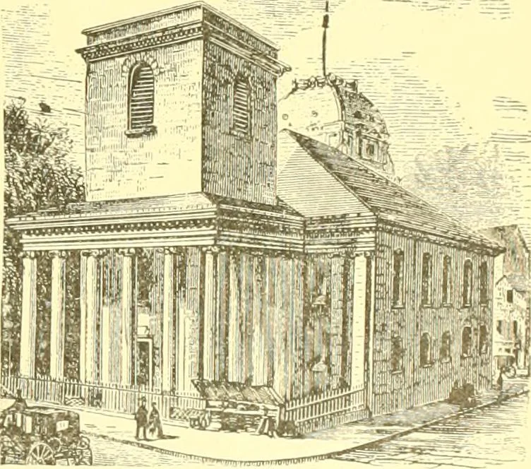 An illustration from A half century of Boston's building. The construction of buildings, the enactment of building laws and ordinances, sanitary laws, the ancient and modern building, building statistics, Boston's valuation, a chapter of Boston's big fire, fire losses, public lands account, prominent architects, contractors and builders, building materials and their source of supply inspection of buildings, the building and plumbing associations, 1895, leaf 34