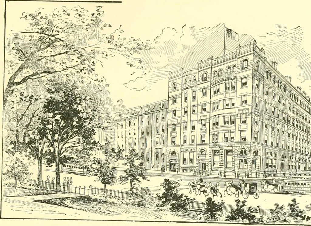 An illustration from A half century of Boston's building. The construction of buildings, the enactment of building laws and ordinances, sanitary laws, the ancient and modern building, building statistics, Boston's valuation, a chapter of Boston's big fire, fire losses, public lands account, prominent architects, contractors and builders, building materials and their source of supply inspection of buildings, the building and plumbing associations, 1895, leaf 342