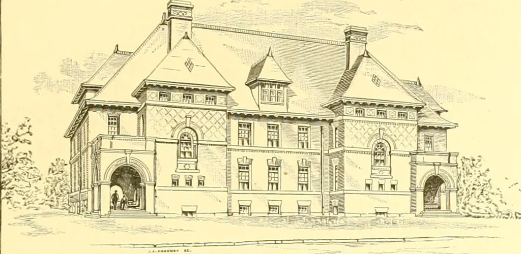 An illustration from A half century of Boston's building. The construction of buildings, the enactment of building laws and ordinances, sanitary laws, the ancient and modern building, building statistics, Boston's valuation, a chapter of Boston's big fire, fire losses, public lands account, prominent architects, contractors and builders, building materials and their source of supply inspection of buildings, the building and plumbing associations, 1895, leaf 352