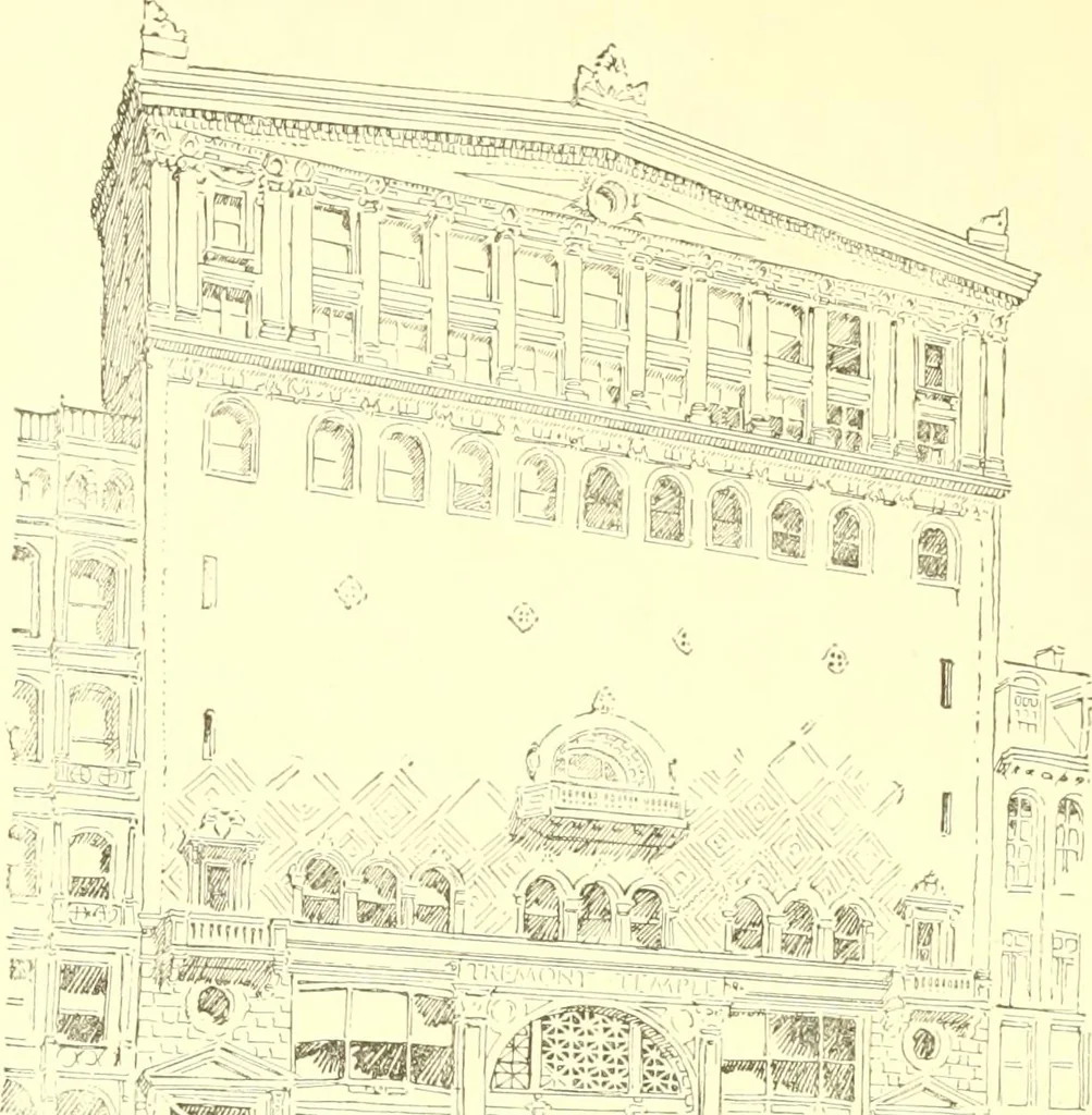 An illustration from A half century of Boston's building. The construction of buildings, the enactment of building laws and ordinances, sanitary laws, the ancient and modern building, building statistics, Boston's valuation, a chapter of Boston's big fire, fire losses, public lands account, prominent architects, contractors and builders, building materials and their source of supply inspection of buildings, the building and plumbing associations, 1895, leaf 365