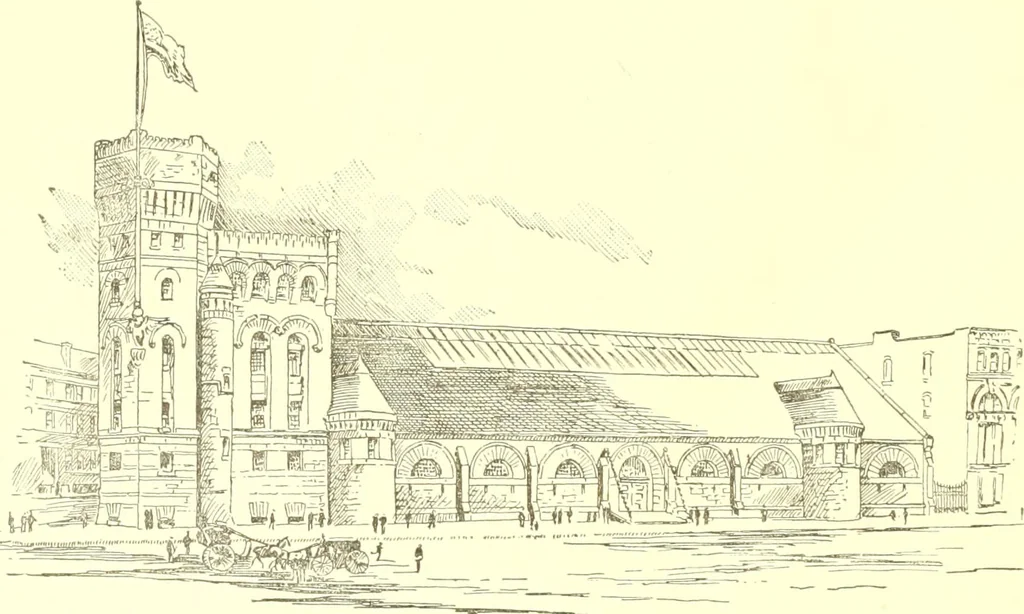 An illustration from A half century of Boston's building. The construction of buildings, the enactment of building laws and ordinances, sanitary laws, the ancient and modern building, building statistics, Boston's valuation, a chapter of Boston's big fire, fire losses, public lands account, prominent architects, contractors and builders, building materials and their source of supply inspection of buildings, the building and plumbing associations, 1895, leaf 365