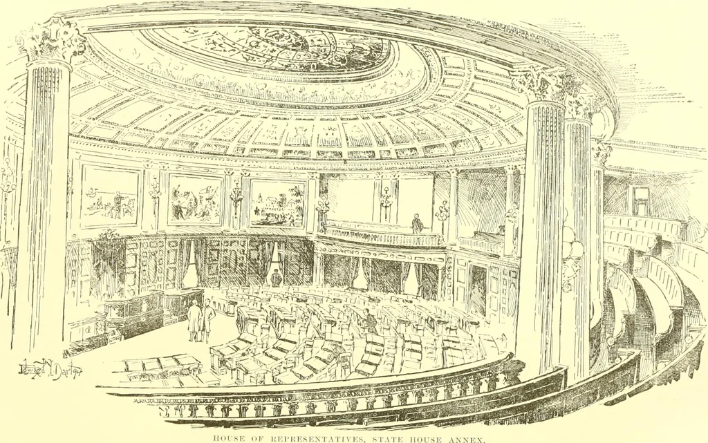 An illustration from A half century of Boston's building. The construction of buildings, the enactment of building laws and ordinances, sanitary laws, the ancient and modern building, building statistics, Boston's valuation, a chapter of Boston's big fire, fire losses, public lands account, prominent architects, contractors and builders, building materials and their source of supply inspection of buildings, the building and plumbing associations, 1895, leaf 400