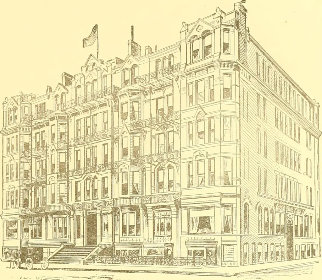 An illustration from A half century of Boston's building. The construction of buildings, the enactment of building laws and ordinances, sanitary laws, the ancient and modern building, building statistics, Boston's valuation, a chapter of Boston's big fire, fire losses, public lands account, prominent architects, contractors and builders, building materials and their source of supply inspection of buildings, the building and plumbing associations, 1895, leaf 418