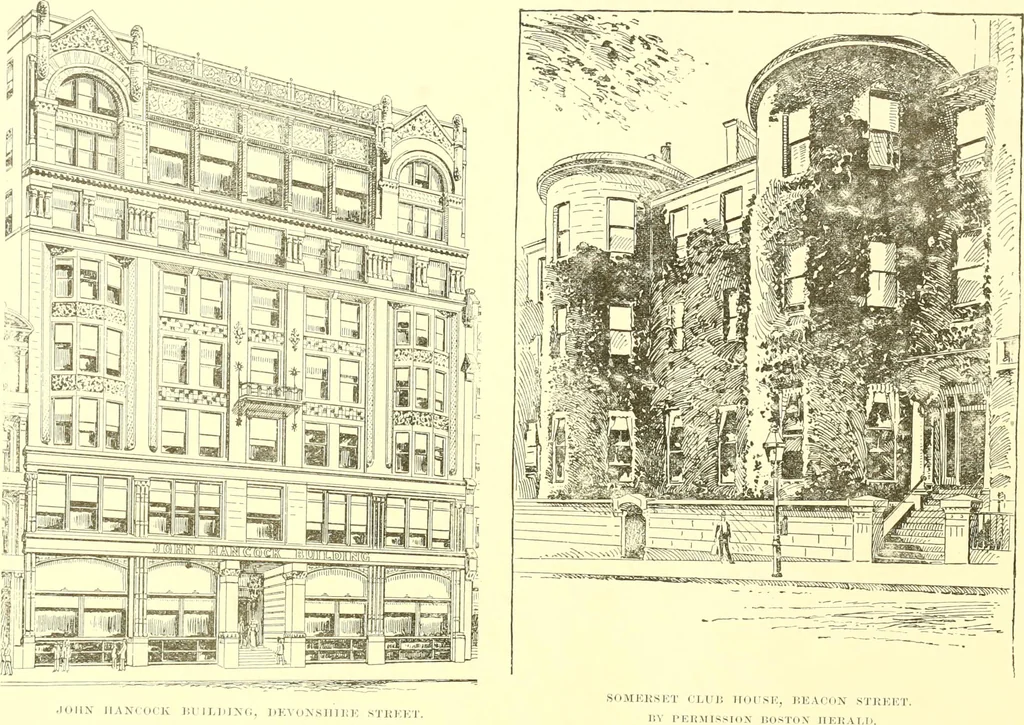 An illustration from A half century of Boston's building. The construction of buildings, the enactment of building laws and ordinances, sanitary laws, the ancient and modern building, building statistics, Boston's valuation, a chapter of Boston's big fire, fire losses, public lands account, prominent architects, contractors and builders, building materials and their source of supply inspection of buildings, the building and plumbing associations, 1895, leaf 421