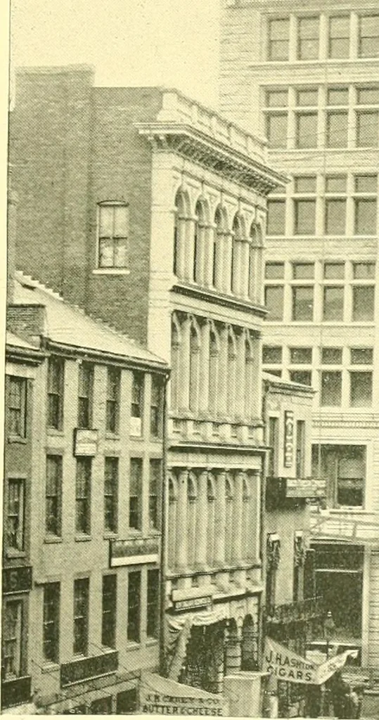 An illustration from A half century of Boston's building. The construction of buildings, the enactment of building laws and ordinances, sanitary laws, the ancient and modern building, building statistics, Boston's valuation, a chapter of Boston's big fire, fire losses, public lands account, prominent architects, contractors and builders, building materials and their source of supply inspection of buildings, the building and plumbing associations, 1895, leaf 458