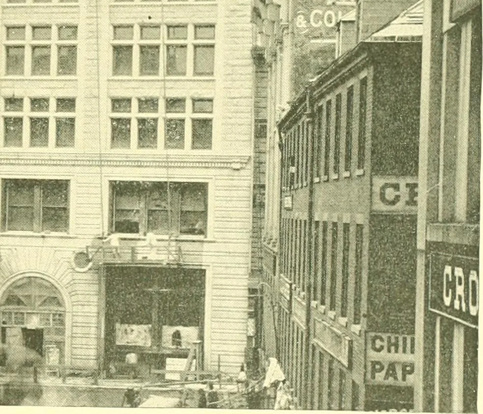 An illustration from A half century of Boston's building. The construction of buildings, the enactment of building laws and ordinances, sanitary laws, the ancient and modern building, building statistics, Boston's valuation, a chapter of Boston's big fire, fire losses, public lands account, prominent architects, contractors and builders, building materials and their source of supply inspection of buildings, the building and plumbing associations, 1895, leaf 458