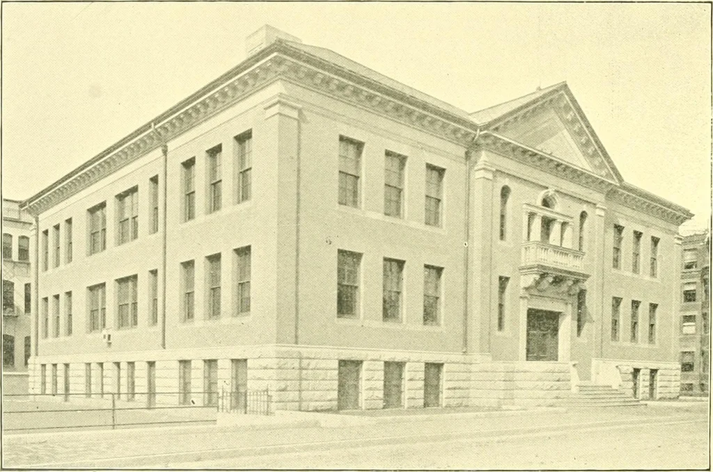 An illustration from A half century of Boston's building. The construction of buildings, the enactment of building laws and ordinances, sanitary laws, the ancient and modern building, building statistics, Boston's valuation, a chapter of Boston's big fire, fire losses, public lands account, prominent architects, contractors and builders, building materials and their source of supply inspection of buildings, the building and plumbing associations, 1895, leaf 461