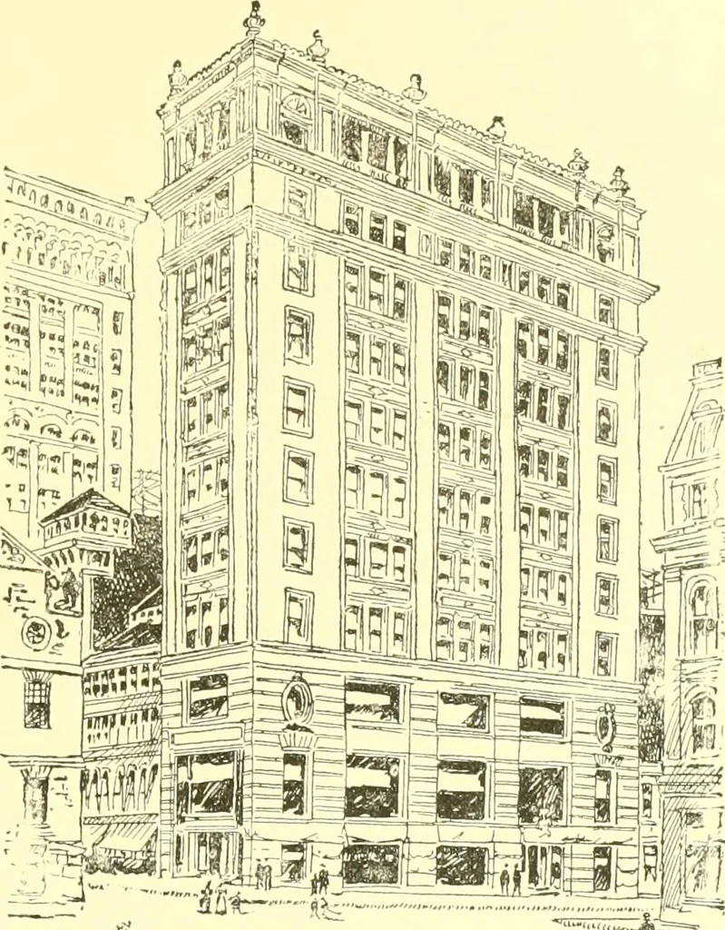 An illustration from A half century of Boston's building. The construction of buildings, the enactment of building laws and ordinances, sanitary laws, the ancient and modern building, building statistics, Boston's valuation, a chapter of Boston's big fire, fire losses, public lands account, prominent architects, contractors and builders, building materials and their source of supply inspection of buildings, the building and plumbing associations, 1895, leaf 474