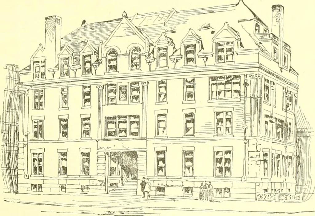 An illustration from A half century of Boston's building. The construction of buildings, the enactment of building laws and ordinances, sanitary laws, the ancient and modern building, building statistics, Boston's valuation, a chapter of Boston's big fire, fire losses, public lands account, prominent architects, contractors and builders, building materials and their source of supply inspection of buildings, the building and plumbing associations, 1895, leaf 474