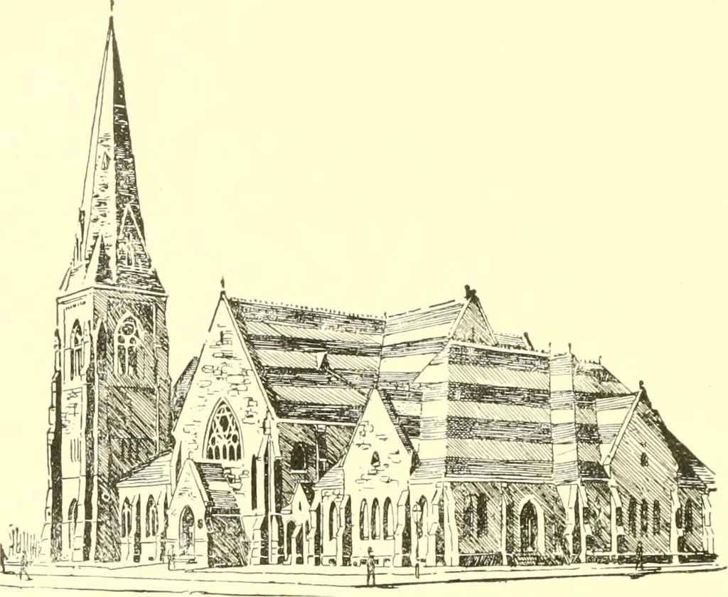 An illustration from A half century of Boston's building. The construction of buildings, the enactment of building laws and ordinances, sanitary laws, the ancient and modern building, building statistics, Boston's valuation, a chapter of Boston's big fire, fire losses, public lands account, prominent architects, contractors and builders, building materials and their source of supply inspection of buildings, the building and plumbing associations, 1895, leaf 477