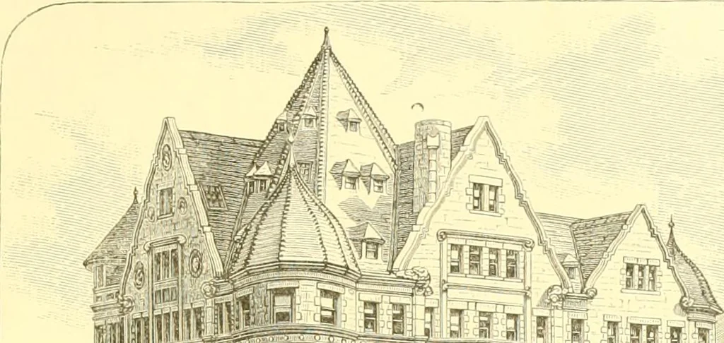 An illustration from A half century of Boston's building. The construction of buildings, the enactment of building laws and ordinances, sanitary laws, the ancient and modern building, building statistics, Boston's valuation, a chapter of Boston's big fire, fire losses, public lands account, prominent architects, contractors and builders, building materials and their source of supply inspection of buildings, the building and plumbing associations, 1895, leaf 48