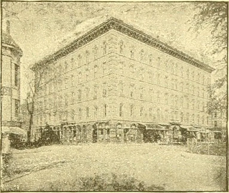 An illustration from A half century of Boston's building. The construction of buildings, the enactment of building laws and ordinances, sanitary laws, the ancient and modern building, building statistics, Boston's valuation, a chapter of Boston's big fire, fire losses, public lands account, prominent architects, contractors and builders, building materials and their source of supply inspection of buildings, the building and plumbing associations, 1895, leaf 486