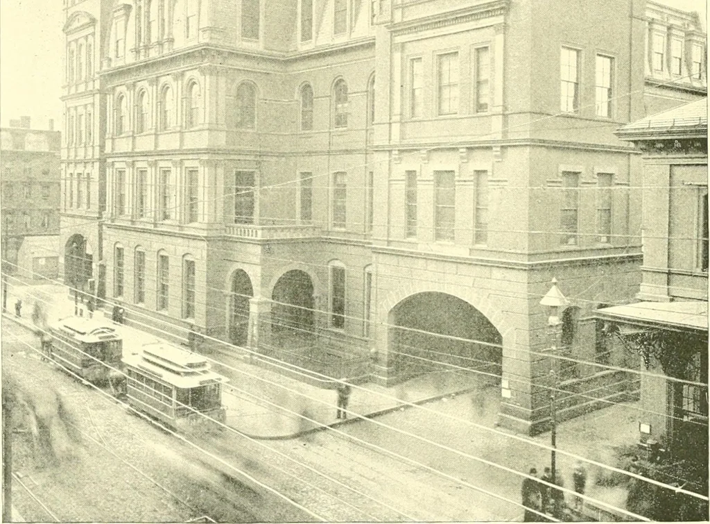 An illustration from A half century of Boston's building. The construction of buildings, the enactment of building laws and ordinances, sanitary laws, the ancient and modern building, building statistics, Boston's valuation, a chapter of Boston's big fire, fire losses, public lands account, prominent architects, contractors and builders, building materials and their source of supply inspection of buildings, the building and plumbing associations, 1895, leaf 495