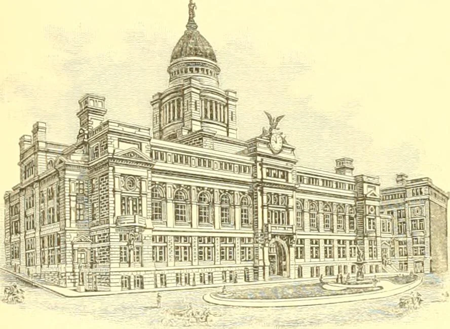 An illustration from A half century of Boston's building. The construction of buildings, the enactment of building laws and ordinances, sanitary laws, the ancient and modern building, building statistics, Boston's valuation, a chapter of Boston's big fire, fire losses, public lands account, prominent architects, contractors and builders, building materials and their source of supply inspection of buildings, the building and plumbing associations, 1895, leaf 505