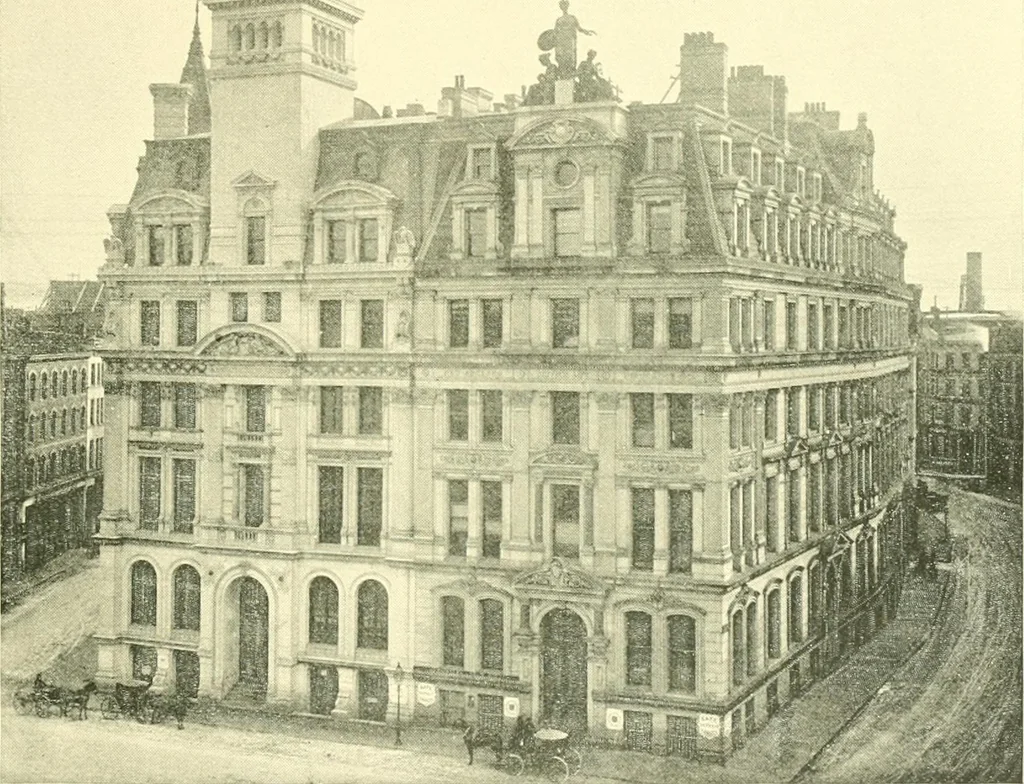 An illustration from A half century of Boston's building. The construction of buildings, the enactment of building laws and ordinances, sanitary laws, the ancient and modern building, building statistics, Boston's valuation, a chapter of Boston's big fire, fire losses, public lands account, prominent architects, contractors and builders, building materials and their source of supply inspection of buildings, the building and plumbing associations, 1895, leaf 508