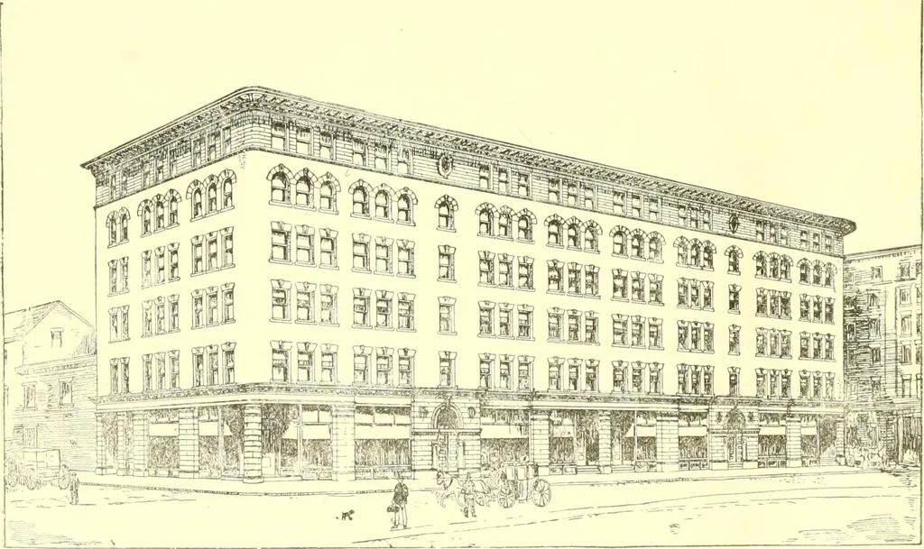 An illustration from A half century of Boston's building. The construction of buildings, the enactment of building laws and ordinances, sanitary laws, the ancient and modern building, building statistics, Boston's valuation, a chapter of Boston's big fire, fire losses, public lands account, prominent architects, contractors and builders, building materials and their source of supply inspection of buildings, the building and plumbing associations, 1895, leaf 51