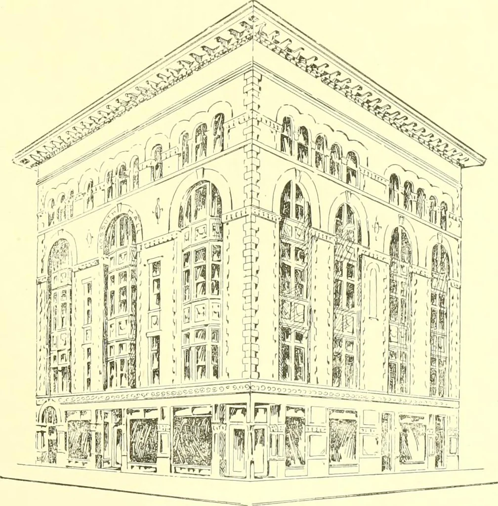 An illustration from A half century of Boston's building. The construction of buildings, the enactment of building laws and ordinances, sanitary laws, the ancient and modern building, building statistics, Boston's valuation, a chapter of Boston's big fire, fire losses, public lands account, prominent architects, contractors and builders, building materials and their source of supply inspection of buildings, the building and plumbing associations, 1895, leaf 540