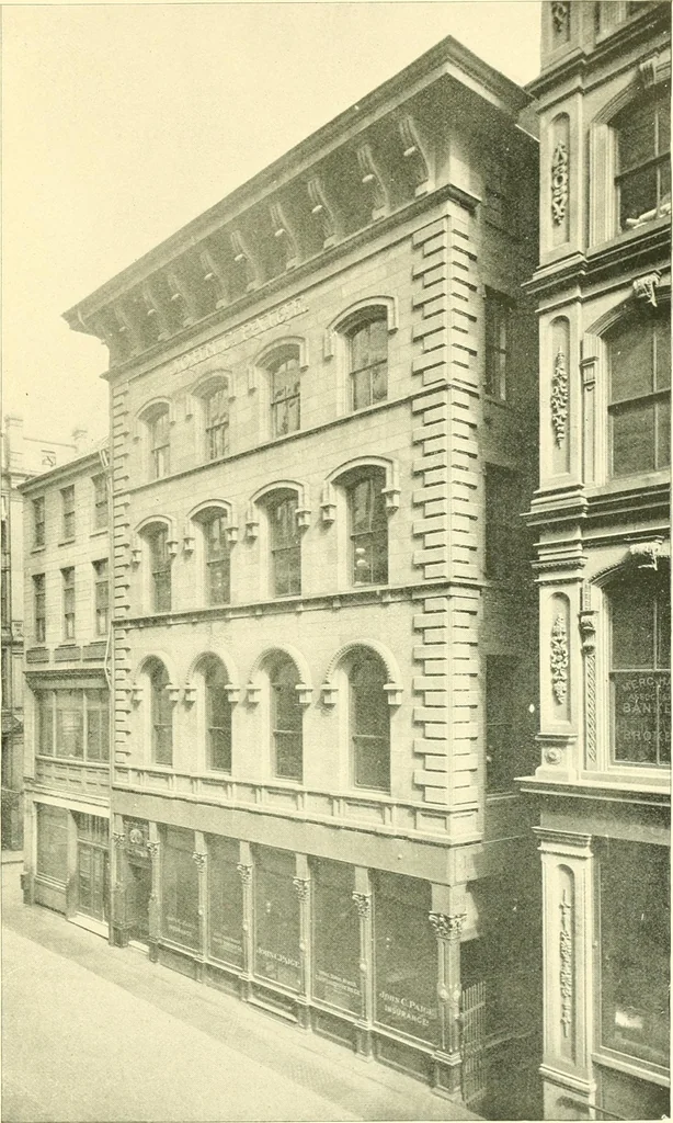 An illustration from A half century of Boston's building. The construction of buildings, the enactment of building laws and ordinances, sanitary laws, the ancient and modern building, building statistics, Boston's valuation, a chapter of Boston's big fire, fire losses, public lands account, prominent architects, contractors and builders, building materials and their source of supply inspection of buildings, the building and plumbing associations, 1895, leaf 552