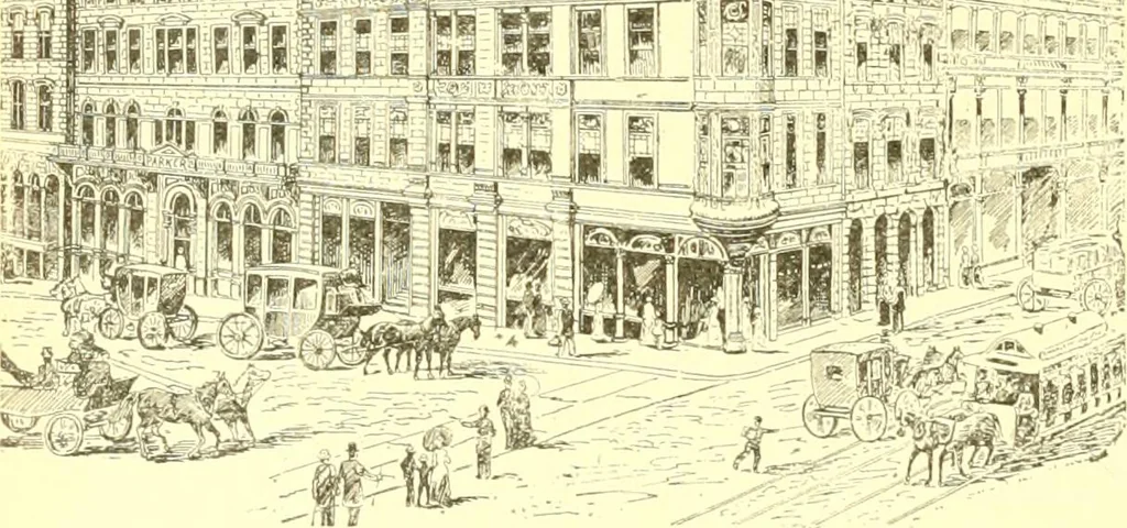 An illustration from A half century of Boston's building. The construction of buildings, the enactment of building laws and ordinances, sanitary laws, the ancient and modern building, building statistics, Boston's valuation, a chapter of Boston's big fire, fire losses, public lands account, prominent architects, contractors and builders, building materials and their source of supply inspection of buildings, the building and plumbing associations, 1895, leaf 561