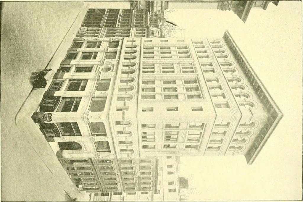 An illustration from A half century of Boston's building. The construction of buildings, the enactment of building laws and ordinances, sanitary laws, the ancient and modern building, building statistics, Boston's valuation, a chapter of Boston's big fire, fire losses, public lands account, prominent architects, contractors and builders, building materials and their source of supply inspection of buildings, the building and plumbing associations, 1895, leaf 580