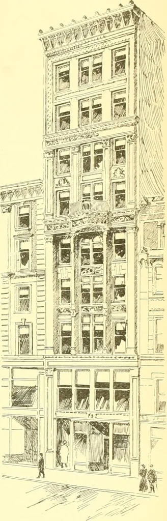 An illustration from A half century of Boston's building. The construction of buildings, the enactment of building laws and ordinances, sanitary laws, the ancient and modern building, building statistics, Boston's valuation, a chapter of Boston's big fire, fire losses, public lands account, prominent architects, contractors and builders, building materials and their source of supply inspection of buildings, the building and plumbing associations, 1895, leaf 590