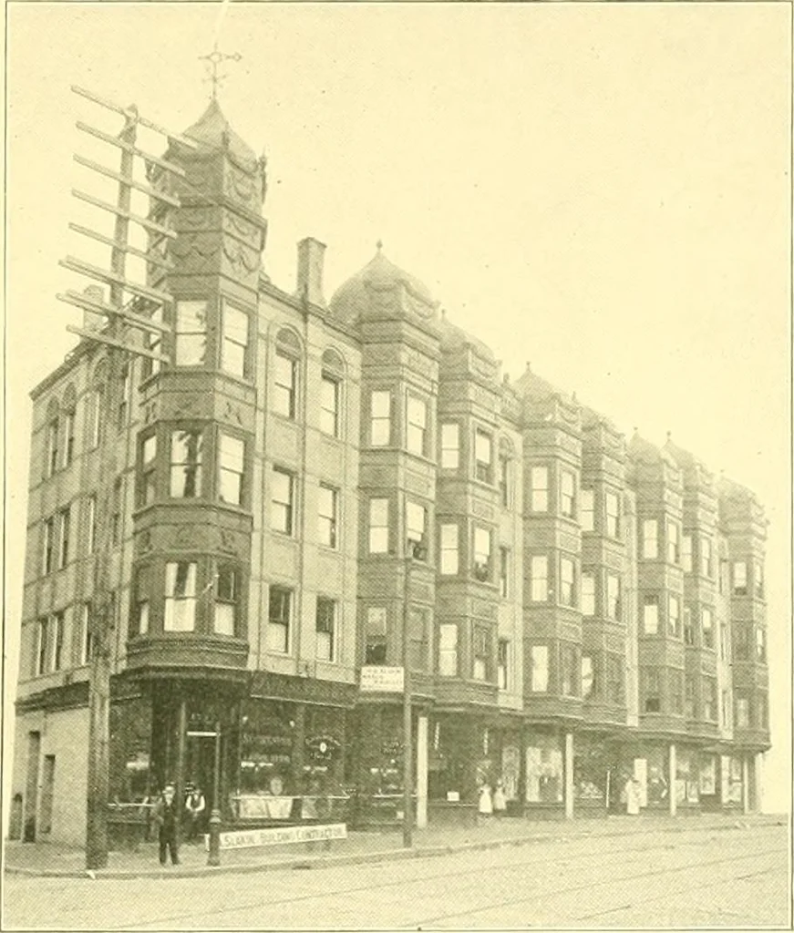 An illustration from A half century of Boston's building. The construction of buildings, the enactment of building laws and ordinances, sanitary laws, the ancient and modern building, building statistics, Boston's valuation, a chapter of Boston's big fire, fire losses, public lands account, prominent architects, contractors and builders, building materials and their source of supply inspection of buildings, the building and plumbing associations, 1895, leaf 592