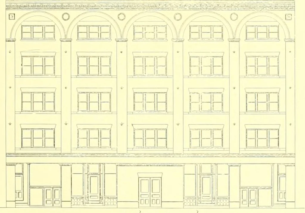 An illustration from A half century of Boston's building. The construction of buildings, the enactment of building laws and ordinances, sanitary laws, the ancient and modern building, building statistics, Boston's valuation, a chapter of Boston's big fire, fire losses, public lands account, prominent architects, contractors and builders, building materials and their source of supply inspection of buildings, the building and plumbing associations, 1895, leaf 592