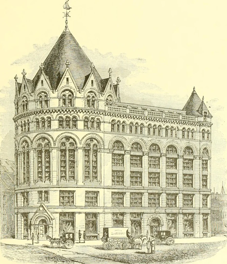 An illustration from A half century of Boston's building. The construction of buildings, the enactment of building laws and ordinances, sanitary laws, the ancient and modern building, building statistics, Boston's valuation, a chapter of Boston's big fire, fire losses, public lands account, prominent architects, contractors and builders, building materials and their source of supply inspection of buildings, the building and plumbing associations, 1895, leaf 60