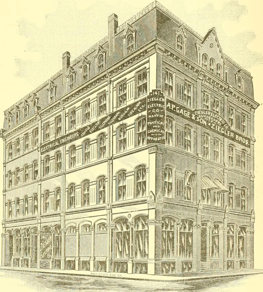 An illustration from A half century of Boston's building. The construction of buildings, the enactment of building laws and ordinances, sanitary laws, the ancient and modern building, building statistics, Boston's valuation, a chapter of Boston's big fire, fire losses, public lands account, prominent architects, contractors and builders, building materials and their source of supply inspection of buildings, the building and plumbing associations, 1895, leaf 600