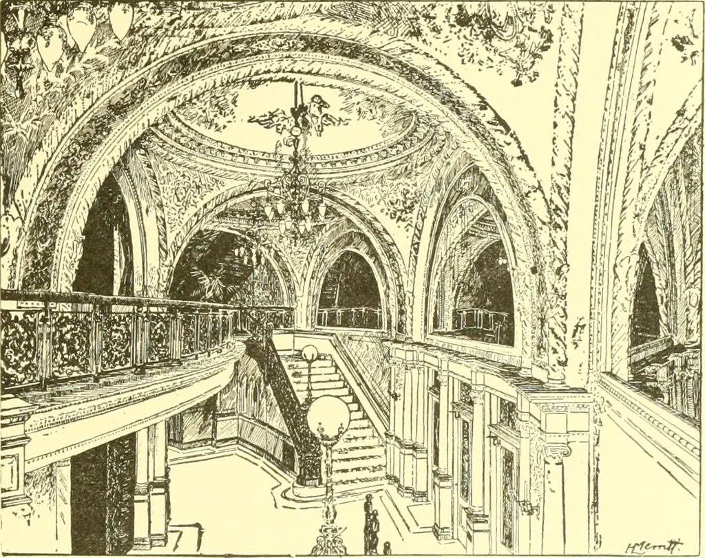 An illustration from A half century of Boston's building. The construction of buildings, the enactment of building laws and ordinances, sanitary laws, the ancient and modern building, building statistics, Boston's valuation, a chapter of Boston's big fire, fire losses, public lands account, prominent architects, contractors and builders, building materials and their source of supply inspection of buildings, the building and plumbing associations, 1895, leaf 606