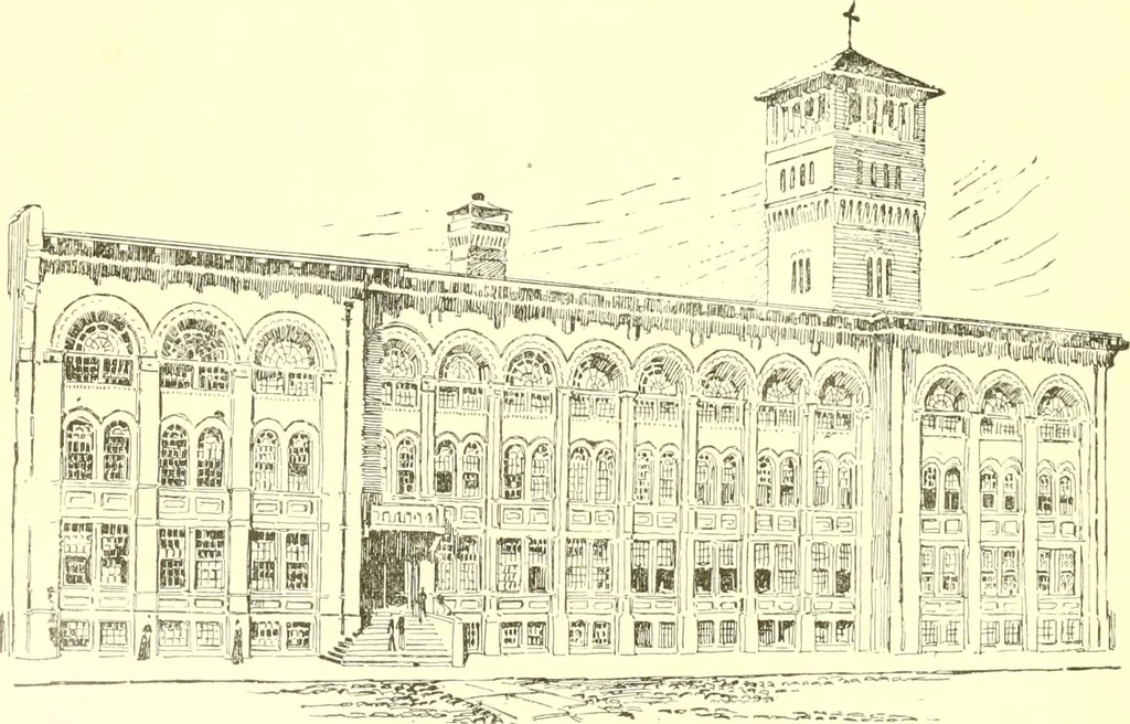 An illustration from A half century of Boston's building. The construction of buildings, the enactment of building laws and ordinances, sanitary laws, the ancient and modern building, building statistics, Boston's valuation, a chapter of Boston's big fire, fire losses, public lands account, prominent architects, contractors and builders, building materials and their source of supply inspection of buildings, the building and plumbing associations, 1895, leaf 63